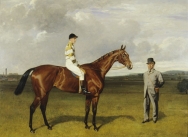 'Mimi' with Rickaby Up with her Trainer, Mr Matthew Dawson, 1891